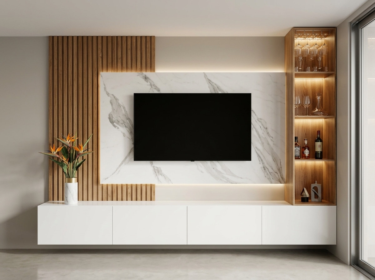 Panel TV Mármol Blanco con Listonería Flotante, Módulos en Melamina